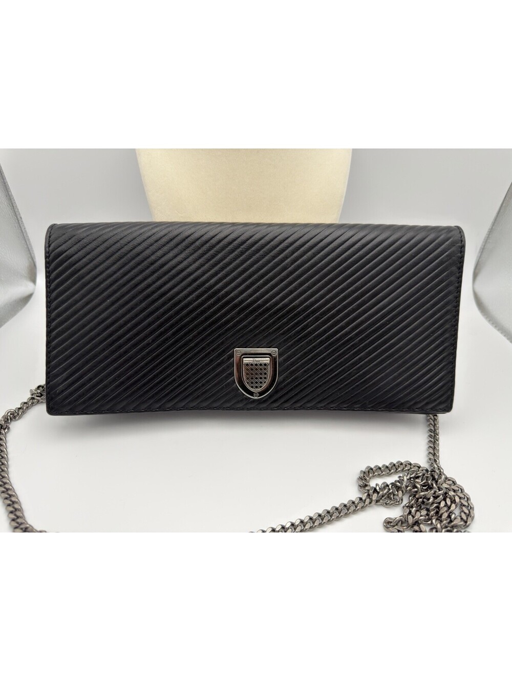 Authentic Christian Dior Chevron Black Pleated Diorama Chain Shoulder Bag COA